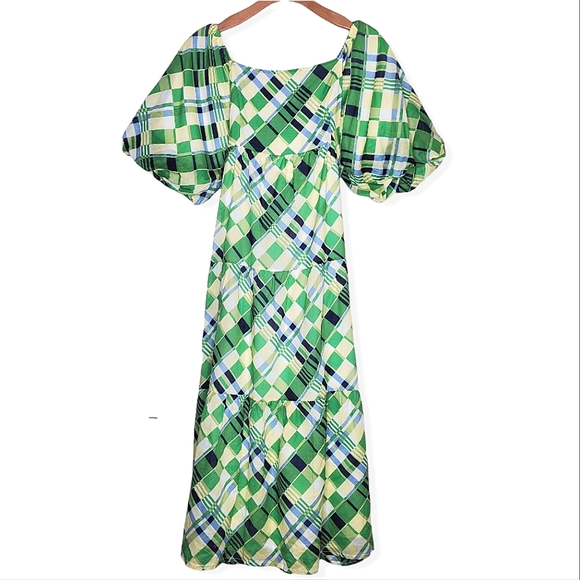 FAITHFULL THE BRAND Billie Check Print Puff Sleeves Midi Dress Size 6 N… - Picture 2 of 14